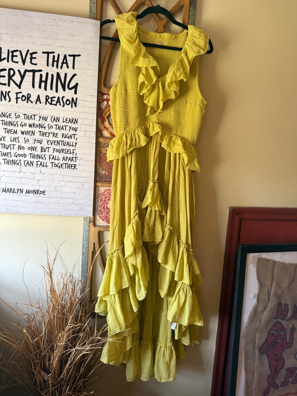 Free People Yellow Ruffle Maxi Dress with Tiered Skirt High/Low